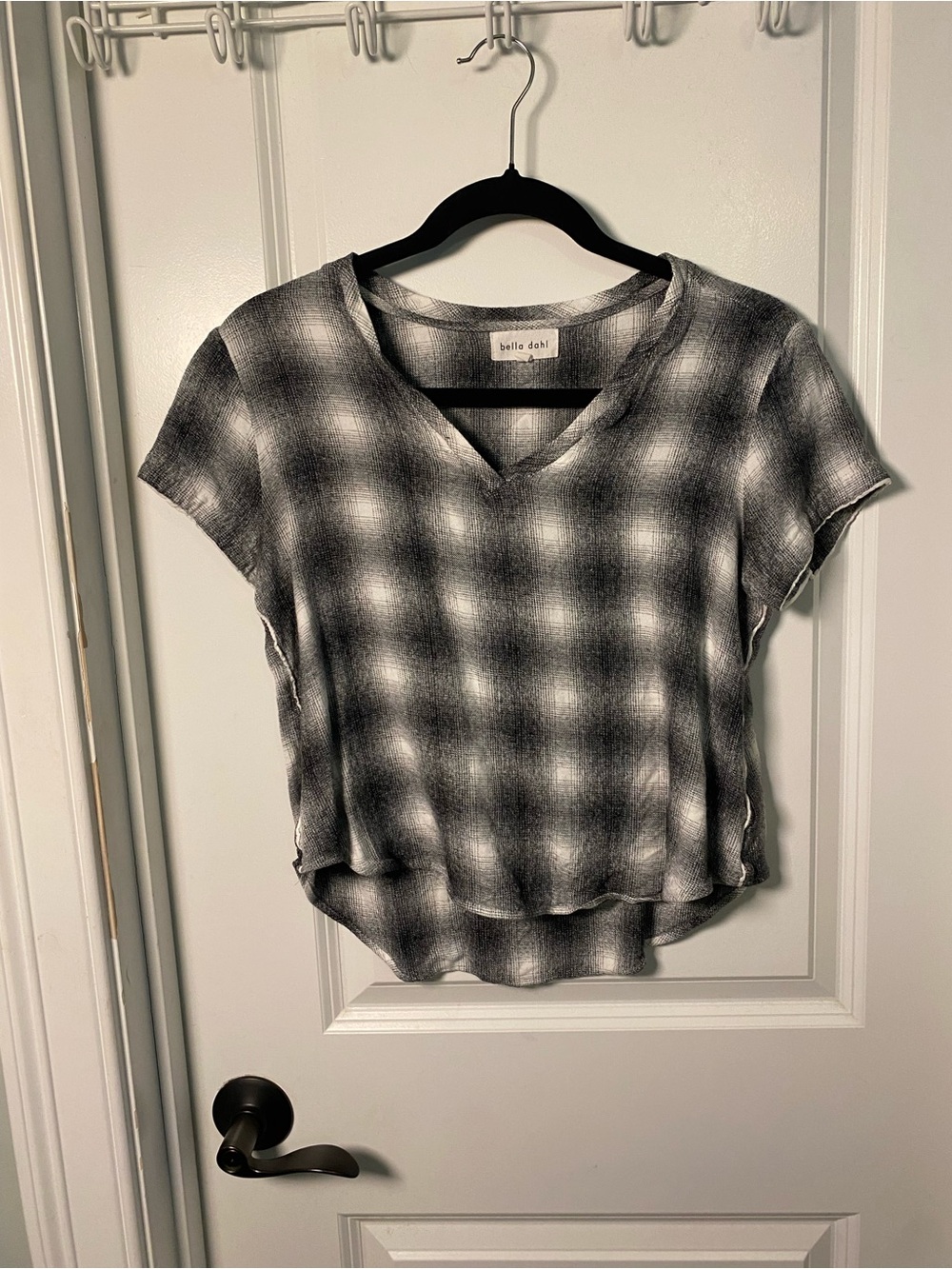 Bella Dahl Black and White Plaid V-Neck Short Sleeve Soft Top